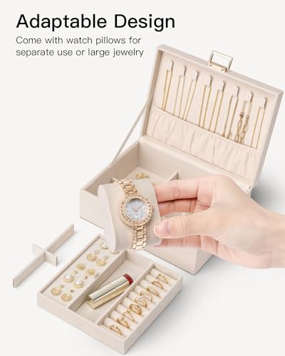 VLANDO 2 Layer Jewelry Boxes Large Jewelry Organizer for Women Removable Jewelery Tray for Watch Necklace Earrings Rings Bracelets Mothers Gifts Mom Gifts(Apricot White) - color: 04-Apricot Pink-Watch Pillow