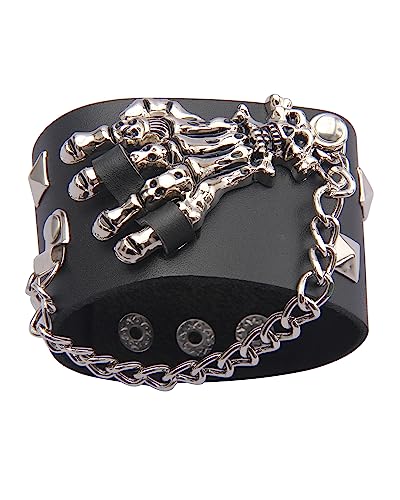 GelConnie Leather Cuff Bracelet Punk Braided Bracelets Rock Leather Wristbands Faux Mens Leather Bracelet Gothic Viking Bangle Adjustable Wrap Bracelet for Women,Men - color: Black Skull Leather Bracelets