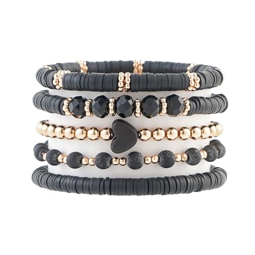RISHEGAE Heishi Beaded Stretch Bracelets for Women Stackable Polymer Clay Beads Bracelets Friendship Boho Summer Beach Bracelet Jewelry Set - color: A-Black Set