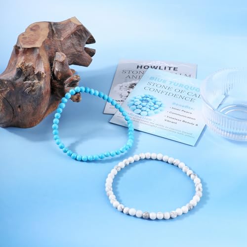 NCB 2.3-Piece 4mm Natural Crystal Gemstone Stretch Bracelets – Handmade Reiki Energy Healing Jewelry for Meditation,Yoga, Unisex - color: 2PCS ( Blue Turquoise+Howlite ), size: 4mm