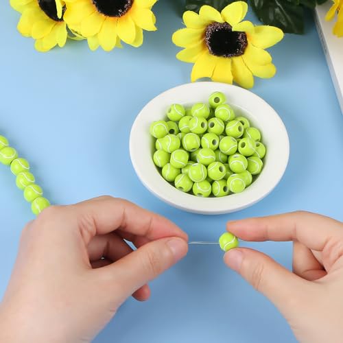 100pcs Tennis Beads with 5.5 Yard Elastic Rope,Acrylic Sports Beads DIY Spacer Bead for Necklace Bracelet Keychains Handmade Jewelry Making Accessories Craft Supplies,12mm(Tennis) - color: Tennis