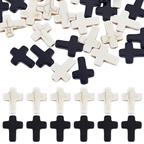SUNNYCLUE 1 Box 100Pcs Cross Beads Bulk Black White Stone Cross Bead 16x12mm Synthetic Turquoise Gemstone Mini Small Pocket Crosses Easter Holiday Loose Spacer Beads for Jewelry Making Beading Kits - color: 100pcs 12x16mm Black White Cross Beads