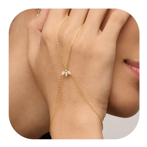 PAVOI 14K Gold Plated Hand Chains for Women - Adjustable Hand Chain Bracelet and Ring - Trendy Gold Handchain Bracelet Stack Summer Jewelry - Beads, Pearl, and Cubic Zirconia Body Jewelry - style: Marquise