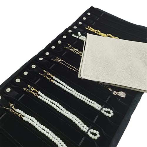 Portable Jewelry Roll Untangled Secure Necklace Travel Storage Bag Displays Holder 16 Chain (Gray PU and Black Velvet) - color: Gray PU and Black Velvet