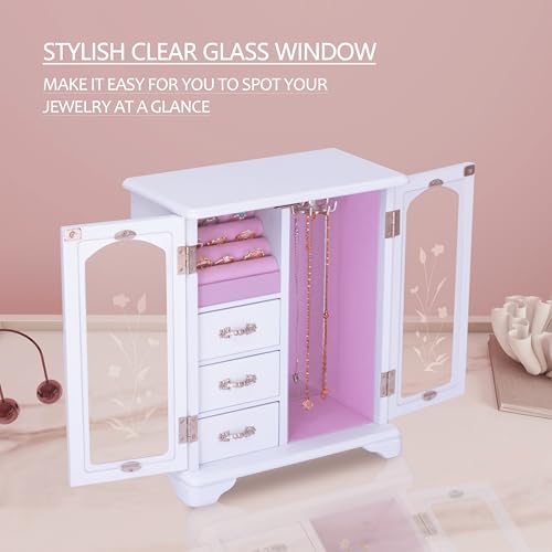 White Jewelry Box,Handle Carving Craft Wooden Jewelry Boxes,With Swivel Hook And Velvet Lining Large Jewelry Box For Women,Suitable As Gift For Friends