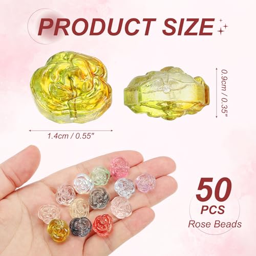 uxcell 50 Pcs Rose Beads, 0.55" Glass Flower Rose Charm Carved Loose Spacer Crystal Craft Beads for DIY Jewelry Making Bracelet Beading Projects Supplies, Yellow - color: Yellow