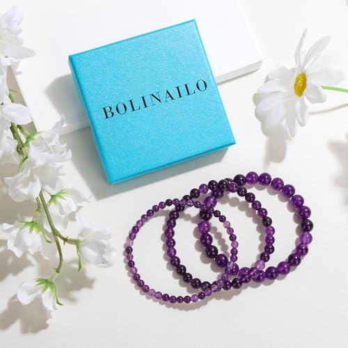 3Pcs Natural Healing Crystal Bracelets for Women Men, 4mm 6mm 8mm Beaded Stretch Bracelet Set, Black Tourmaline Natural Stone Gemstone Jewelry Gifts for Meditation, Reiki & Yoga - color: Amethyst