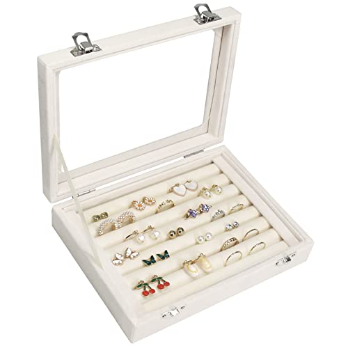 Vicoter Rings Organizer Tray 7 Slots Velvet Jewelry Earring Storage Box with Transparent lid Jewelry Display Case for Girls Wife Mom Women (Beige) - color: Beige