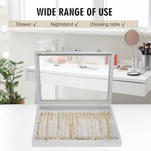 Siveit Necklace Organizer Box Premium 20 Hooks Velvet Necklace Display Jewelry Tray with Transparent Lid Jewelry Necklace Display Box for Necklace Pendants Suitable for Women and Girls (Grey) - color: Grey