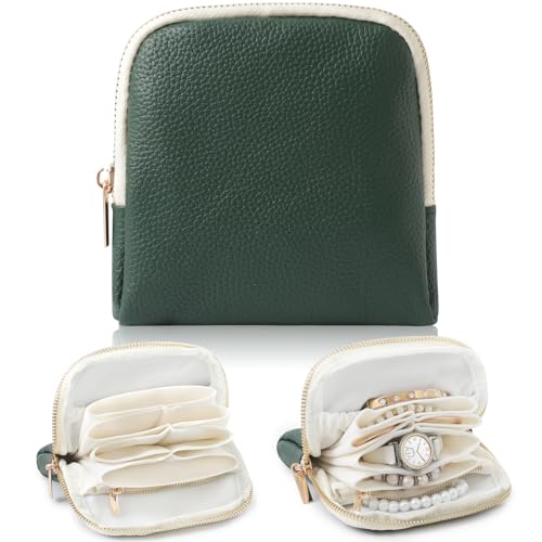 Genuine Leather Travel Jewelry Organizer Case Pouch Bags with Zipper, Small Mini Portable Jewelry Storage Bag for Ring Earrings Necklace Bracelet Travel Essentials Gift for Women（Dark Green） - color: Lychee Grain Leather Dark Green