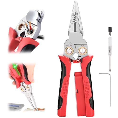 Pro 8-in-1 Wire Stripping Pliers with Voltage Tester for Live/Neutral Wires 12–250V, Needle Nose Pliers, Wire Cutter, Crimper and Wire Twister, Heavy Duty Electrical Tool for Electricians(Red)