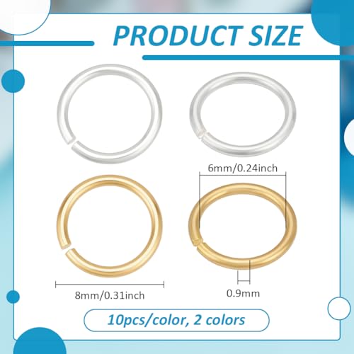 PH PandaHall 20Pcs 925 Sterling Silver Open Jump Rings, 8mm Jewelry Connector Ring 19 Gauge O Rings Junction Ring Connectors for Earring Necklace Bracelet Jewelry Keychain Making, Silver/Golden