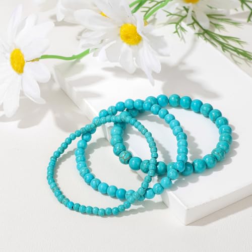 3Pcs Natural Healing Crystal Bracelets for Women Men, 4mm 6mm 8mm Beaded Stretch Bracelet Set, Black Tourmaline Natural Stone Gemstone Jewelry Gifts for Meditation, Reiki & Yoga - color: Turquoise