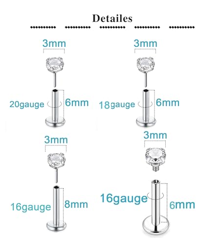 QWALIT Piercing Taper Threadless Insertion Tool - Titanium Labret Pin 16g, 18g, 20g - color: D13 - Silver Threaded+Threadless Tool
