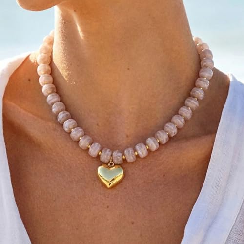 Chunky Heart Necklace for Women, Colorful Acrylic Beaded Statement Puff Heart Necklace, Cute Boho Y2K Choker Necklace for Gift Jewelry - color: Gray