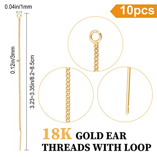 Beebeecraft 1 Box 10Pcs 18K Gold Plated Threader Earrings with 925 Sterling Silver Pins Pull Through Threaded Long Chain Drop Tassel with Loop 3.34inch for Jewelry Making - color: Golden, size: 85mm