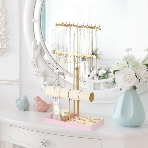 Tirzah 3-Tier Adjustable Gold Jewelry Holder Organizer Stand with 20 Necklace Hooks, 18 Earring Holes and Notches, Bracelet Holder, 6 Ring Rolls, Pink Tray for Girls, Women - color: Gold & Pink, for Necklace Earring Bracelet