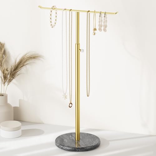 Gold Necklace Holder Jewelry Organizer Stand – Adjustable Height T‑Bar Jewelry Display with Dark Gray Marble Base, Necklace & Bracelet Holder, Countertop Jewelry Stand - color: Glod & Black