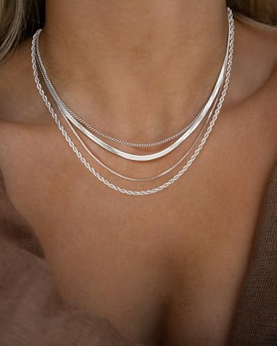 Tewiky Layered Necklaces for Women Non Tarnish- Chunky 14k Gold Plated Herringbone/Snake/Rope/Box/Cuban Link Chain for Women Waterproof Layering Stack Choker Necklace Trendy Dainty Tarnish Free Jewelry Set - color: 4 Layered Necklace Silver