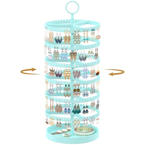 MODOWEY 6 Tier Rotating Earring Holder Organizer Display Tree with Metal Tray, Adjustable Plastic Stand with 342 Slots for Stud Hoop Hanger, Large Capacity Storage Rack for Women Space-Saving, Blue - color: Blue