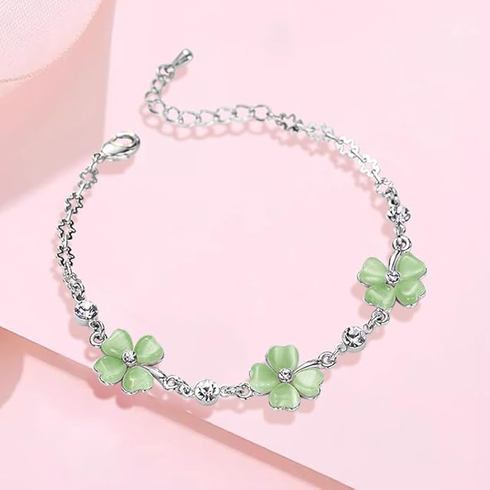 ONLYJUMP Four Leaf Clover Jewelry Set for Women Necklace Bracelet Earrings Ring Set Elegant Lucky Clover Design Cat Eye Stone Perfect Holiday Gift for St. Patrick's Day Valentine's Day Birthdays Daily Wear