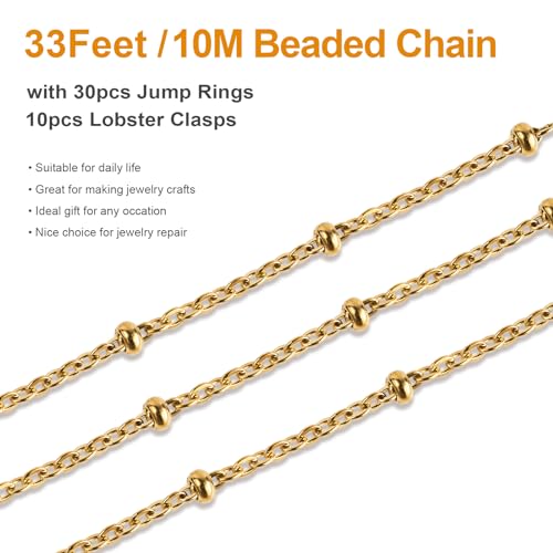 Kyutong 10M Gold Stainless Steel Jewelry Chain in Bulk Beaded Cable Link Chain Roll with Jump Rings and Lobster Clasps for DIY Jewelry Making Supplies - color: Cross Bead Gold