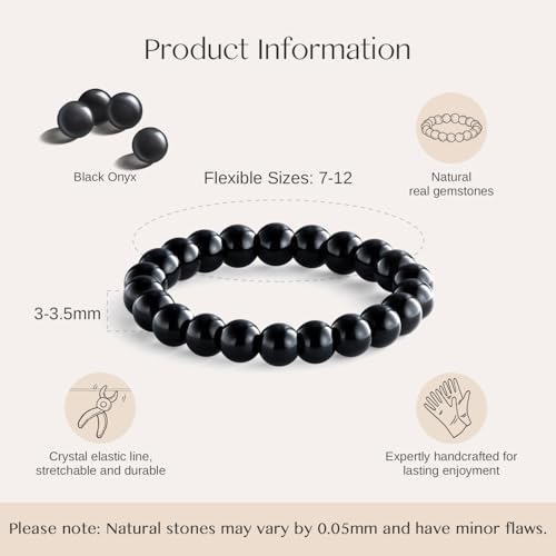 NLIEO Natural Gemstone Stretch Beaded Rings for Women Stackable Dainty Elastic Crystal Rings Jewelry - style: Black Onyx