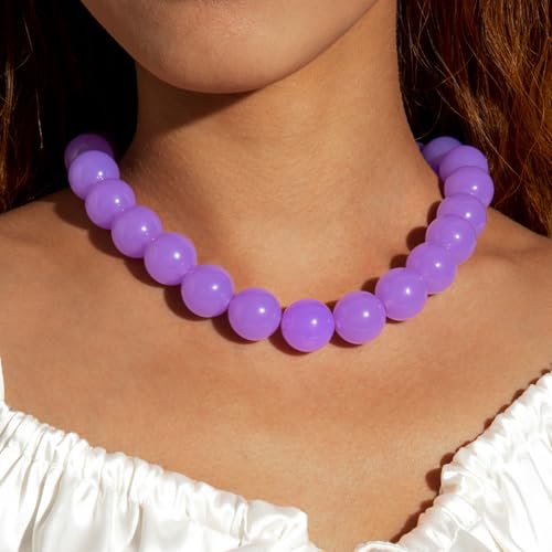 Colorful Chunky Beaded Necklace for Women Acrylic Bead Choker Necklaces Fashion Large Round Beads Necklaces for Women Handmade Summer Jewelry - color: Purple Beaded Necklace