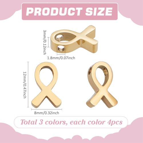 PH PandaHall 12pcs Breast Cancer Ribbon Beads for Jewelry Making, 12x8mm Stainless Steel Ribbon Charms Pendant Hope Beads Charm for Necklace Bracelet DIY Crafts, 3 Colors, Hole 1.8mm