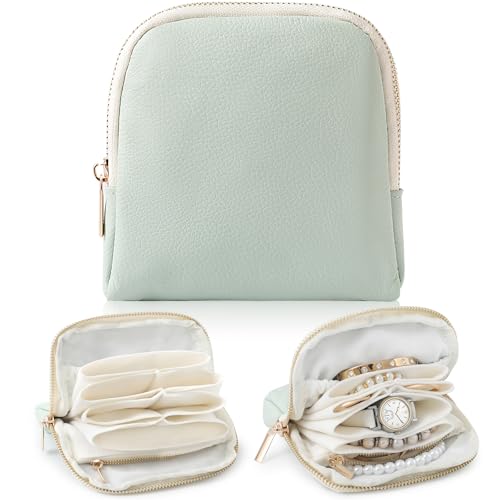 Genuine Leather Travel Jewelry Organizer Case Pouch Bags with Zipper, Small Mini Portable Jewelry Storage Bag for Ring Earrings Necklace Bracelet Travel Essentials Gift for Women（Mint Green） - color: Lychee Grain Leather Mint Green