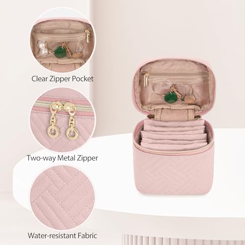 Teamoy Mini Jewelry Organizer with 6 Small Jewelry Bags, Travel Jewelry Storage Box for Necklaces, Rings, Earrings, Bracelets, Quilted Pink - color: Pink