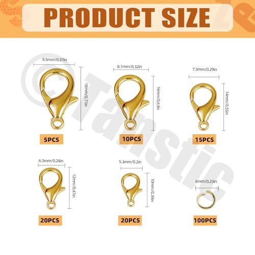 Tanstic 170Pcs Gold Lobster Claw Clasps with Open Jump Rings Kit, 10mm, 12mm, 14mm, 16mm, 18mm Alloy Small Jewelry Clasps Lobster Clasps and 6mm Jump Rings for DIY Jewelry Making - color: Gold Jewelry Clasps
