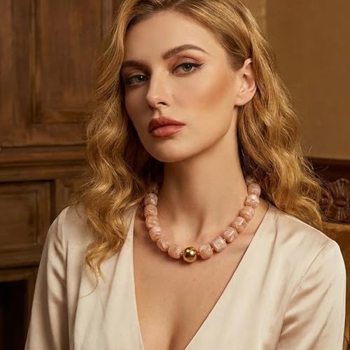 Mchic Colorful Beaded Choker Necklace for Women: Boho Large Square Acrylic Beaded Necklace Stainless Steel Adjustable Surfer Beach Strand Necklaces Summer Handmade Jewelry Gift for Women - color: Beige