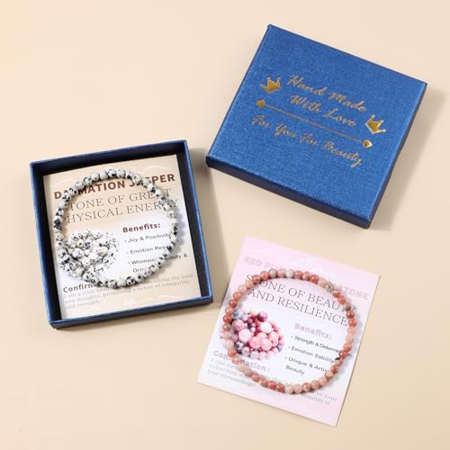 NCB 2.3-Piece 4mm Natural Crystal Gemstone Stretch Bracelets – Handmade Reiki Energy Healing Jewelry for Meditation,Yoga, Unisex - color: 2PCS ( Dalmation Jasper+Red Plum Blossom Stone ), size: 4mm