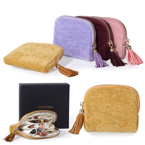 Travel Jewelry Case, Small Velvet Jewelry Bag with Zipper, 5-Layer Anti-Scratch Pouch for Bracelets Necklaces Earrings, Tangle-Free Jewelry Storage, Gift for Her Chenille Velvet Yellow - color: Yellow