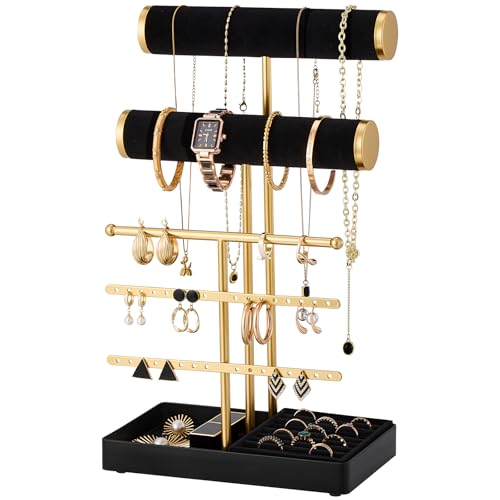 Lolalet Bracelet Display Stand Necklaces Holder, 5 Tiers Jewelry Organizer and Storage Rack with Velvet Slot and Metal Base, for Women Bangles Watches Ring Earrings -Black - color: Black