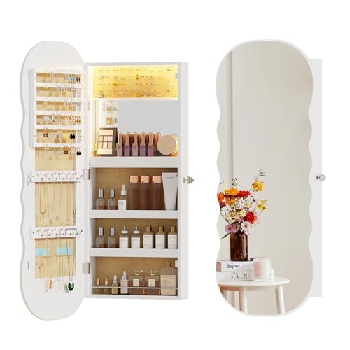 Lvifur Jewelry Armoires with LED Lights, Hanging Jewelry Storage Cabinet Lockable Wavy Mirror Jewelry Organizer, Lockable Frameless Mirror with Storage, LED Jewelry Cabinet Wall/Door Mounted(White) - color: White