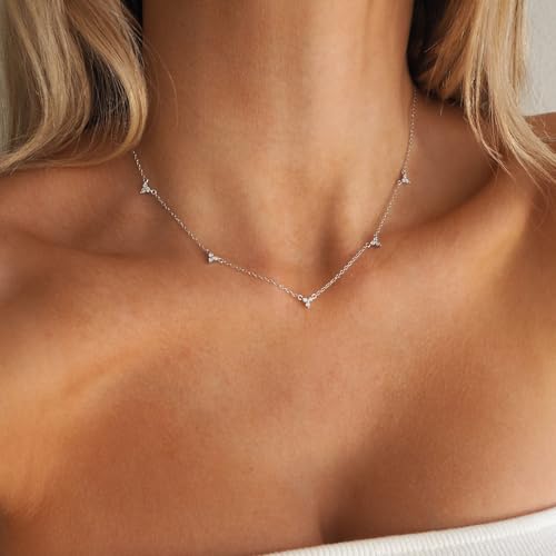 Mothers Day Gifts - Dainty Silver Gold Necklaces for Women Cute Station Choker Simulated Diamond Necklace Simple Layering CZ Necklace Trendy Jewelry Gifts - color: Silver, style: 5pcs Flower-Shaped CZ