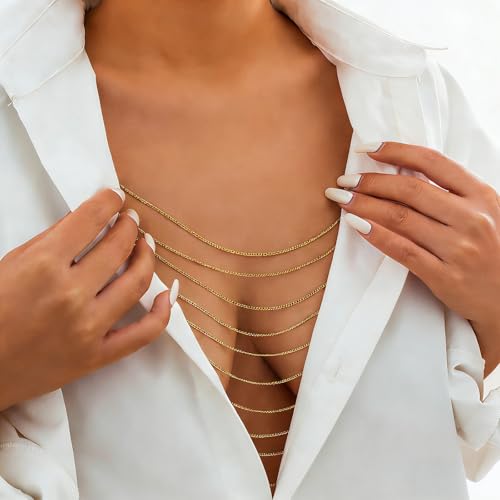 Body Chain,Body Jewelry for Women,Sexy Layered Chest Chain,Layered Adjustable Waist Jewelry for Beach Accessories,Gold Plated Waist Chains - color: Gold-I