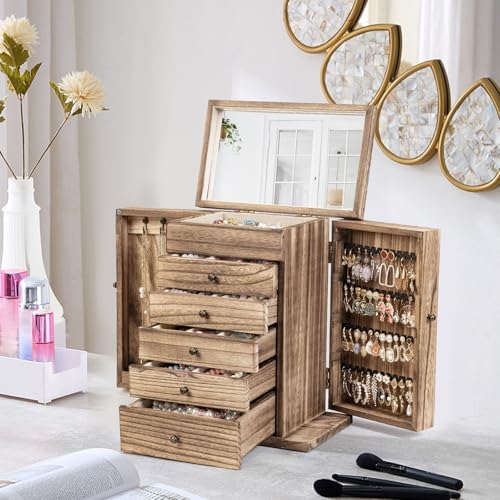 Emfogo Wooden Jewelry Box for Women, 6-Tier Large Jewelry Organizer Boxes with Mirror Rustic Solid Wood jewlery Storage Display for Rings Earrings Necklaces Bracelets watches(Carbonized Brown)