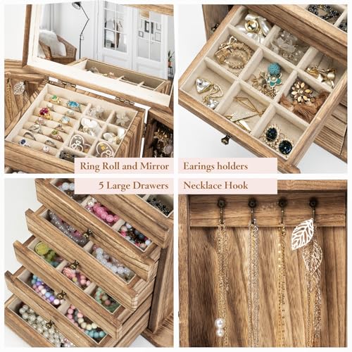 Emfogo Wooden Jewelry Box for Women, 6-Tier Large Jewelry Organizer Boxes with Mirror Rustic Solid Wood jewlery Storage Display for Rings Earrings Necklaces Bracelets watches(Carbonized Brown)