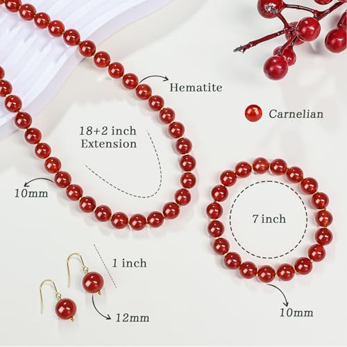 Gemstone Beaded Necklace for Women, Trendy 18K Gold Plated Hematite Natural Stone Bead Choker, Boho Handmade Summer Beach Necklaces for Women Everyday Western Jewelry Gifts - color: Red Carnelian