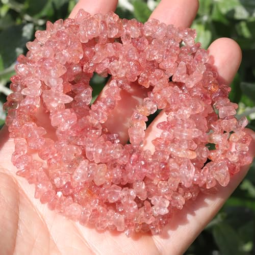 400pcs Natural Chip Stone Beads for Jewelry Making Strawberry Quartz 5-8mm Irregular Gemstones Healing Crystal Loose Rocks Bead Hole Drilled for Ring Earrings Necklace Bracelet Making DIY Art Crafts - color: Strawberry Quartz(2 Strands-62")