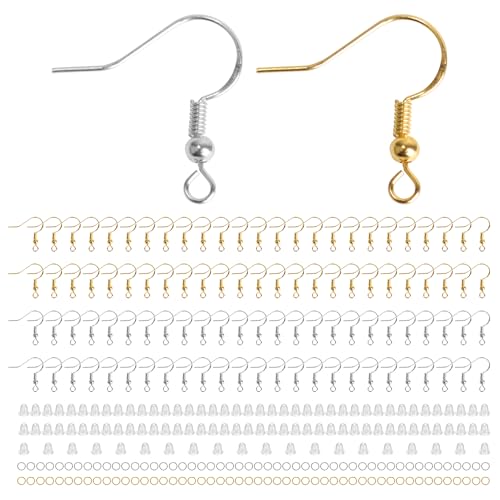 300PCS 925 Sterling Silver Earring Hooks, Gold Earring Hooks, Stainless Steel Ear Wires Fish Hook, Hypoallergenic Earring Making kit with Clear Silicone Backs Stoppers and Jump Rings(Gold and Silver)