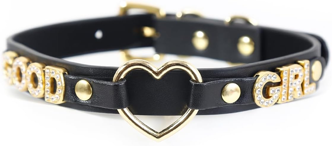 Succuba Handmade Heart Ring Rhinestone Letter Pu Leather Choker Collar Necklace for Women and Men