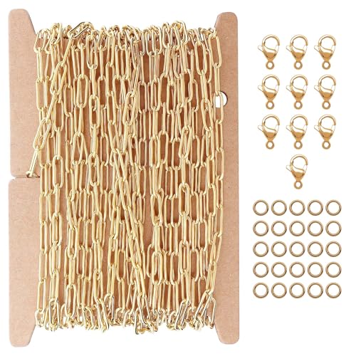 THREENEST 16.4-Feet 3mm Stainless Steel Paperclip Chains with 10 Lobster Claps+25 Jump Rings, 18K Real Gold Plated Soldered Cable Long Craft Chain for Necklace Bracelet Earring Jewelry Making(Gold) - color: Gold, size: Width 3.0mm-16.4 Feet+10 Claps+25 Ri
