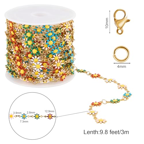 SMYHTGLIF 9.8 Feet Gold Daisy Jewelry Chain Stainless Steel Chain for Jewelry Making Colorful Flower DIY Making Findings - color: Colorful Gold