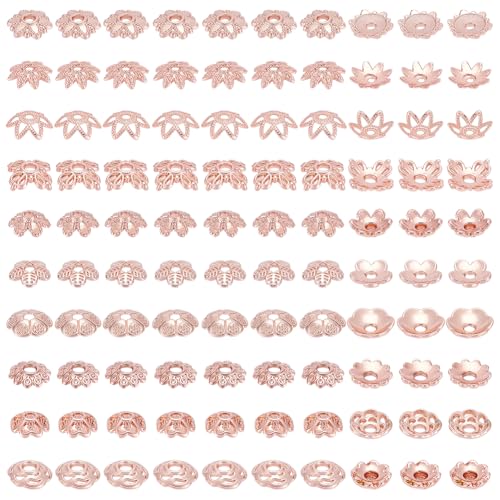 PH PandaHall 100pcs 10 Styles Bead Caps Flower Bead Caps 6/7/8mm Spacer Beads Flower Bracelet Beads Flat Spacers Rose Gold Brass Bead for Jewellery Making Friendship Bracelet Making DIY Crafts - color: Rose Gold