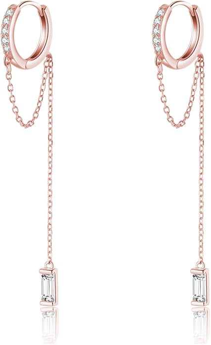 Reffeer 925 Sterling Silver CZ Chain Hoop Earrings Dangle for Women Teens Dangle Earrings Chain Drop Earrings Huggie