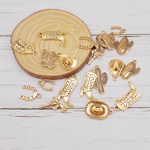 Julie Wang 100 Grams Alloy Western Cowboy Cowgirl Charms Antique Silver Gold Color Boot Hat Pendants for Necklace Earrings Bracelet Jewelry Making Women Gifts Craft DIY Findings - color: Antique Gold
